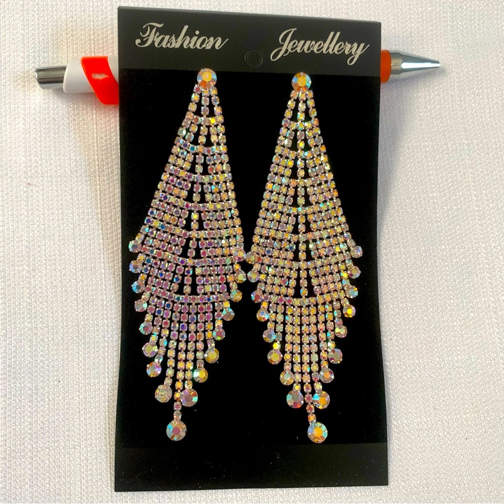 Zara Bling Chandelier Silver Aurora Borealis Rhinestone Earrings, NWT